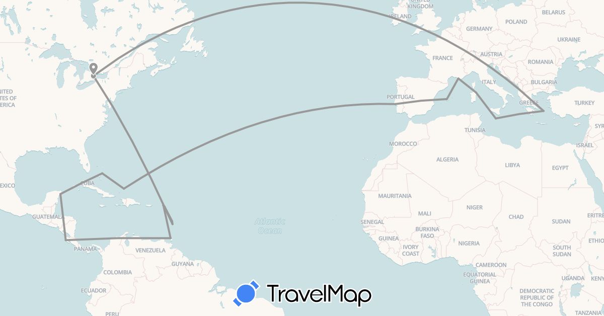 TravelMap itinerary: driving, plane in Anguilla, Bahamas, Canada, Costa Rica, Spain, France, Greece, Italy, Saint Lucia, Malta, Mexico, Portugal, Turks and Caicos Islands, Trinidad and Tobago (Europe, North America)